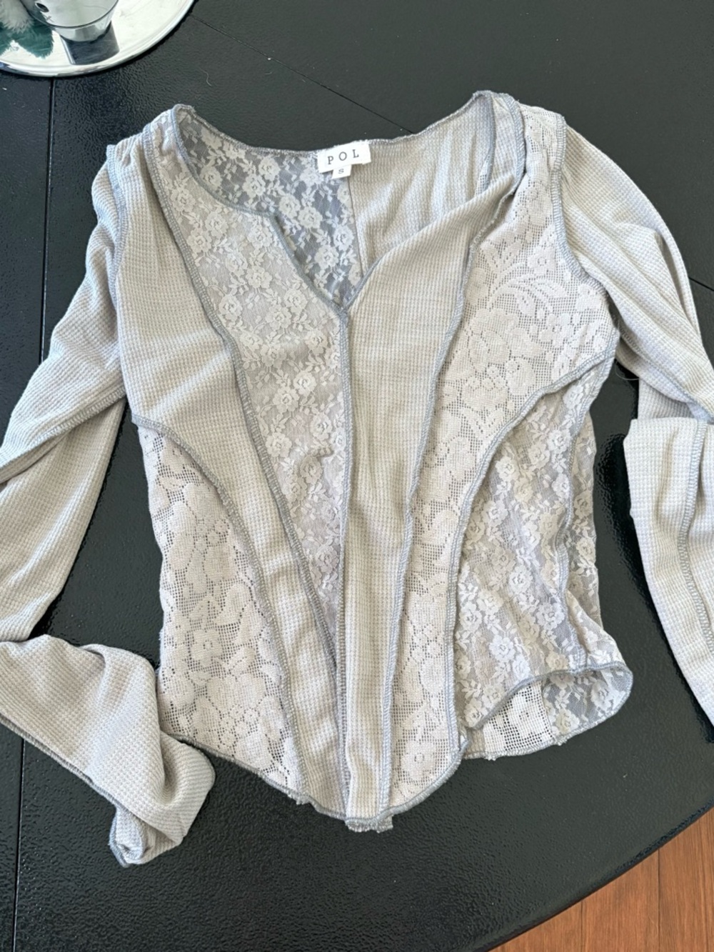 POL Light Gray Lace-Panel Waffle Knit Long Sleeve Top